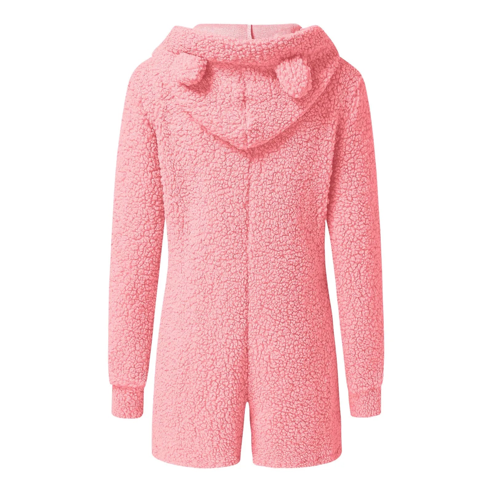 Winter Warmth: Women's Fleece Bear Ear Hooded Jumpsuit Shorts - Cozy Streetwear Sleepwear in Plus Size