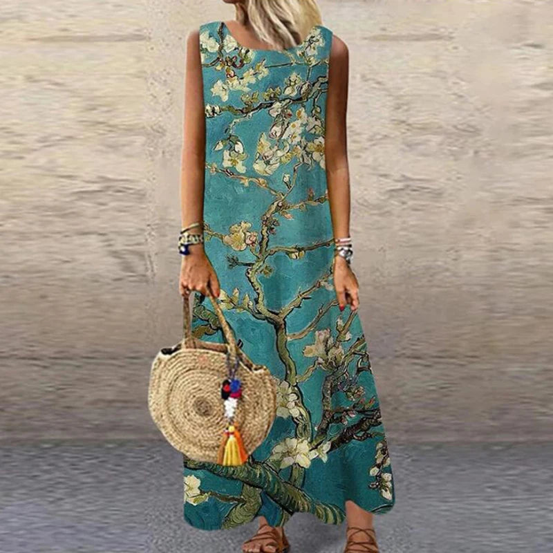 Vintage Floral Printed Maxi Dress - Women's Sleeveless Summer Sundress for Casual Beach Parties