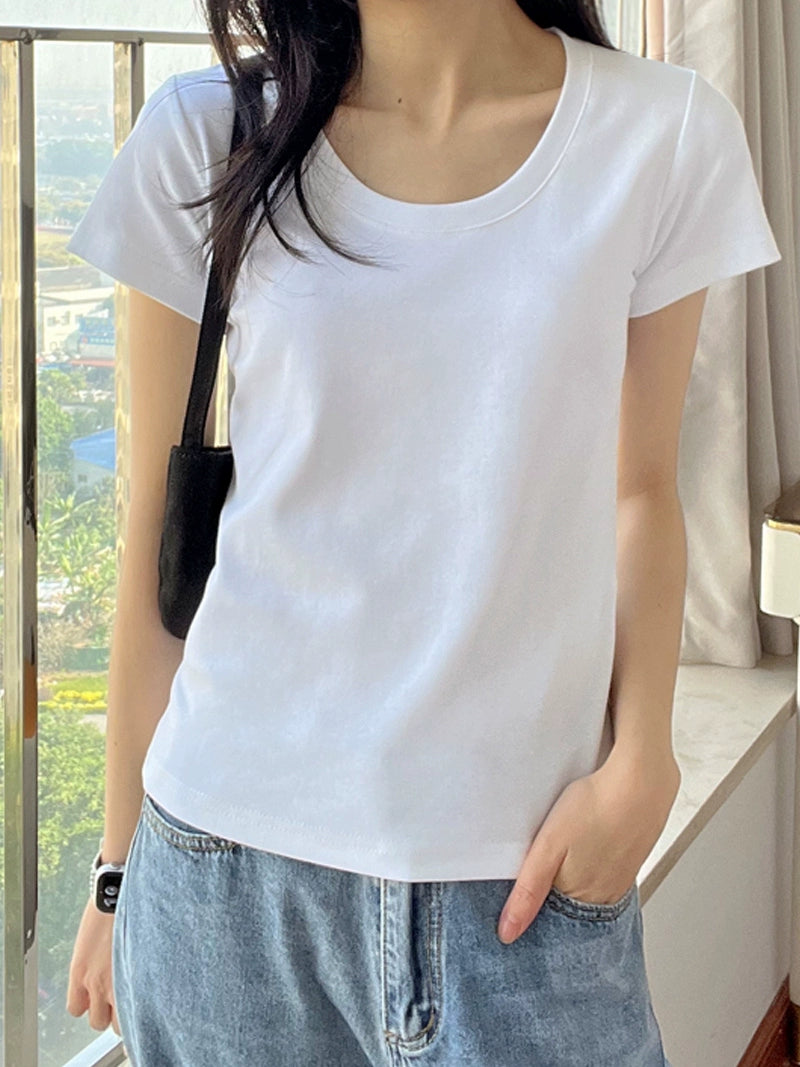 Classic Basic Style U-Neck Slimming Gray Short-Sleeved T-shirt