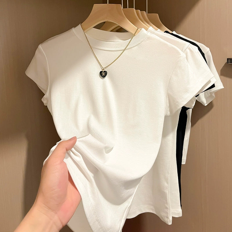 Shoulder White Niche Style Half Turtleneck Slim-Fit Short-Sleeved T-shirt