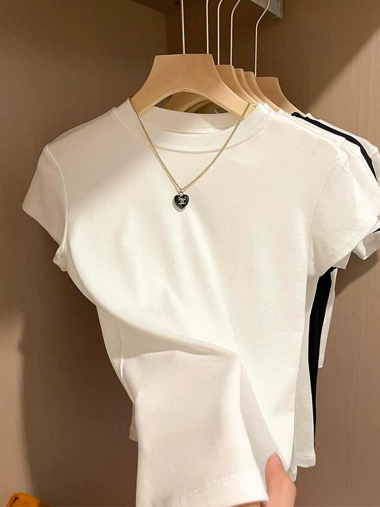 Shoulder White Niche Style Half Turtleneck Slim-Fit Short-Sleeved T-shirt