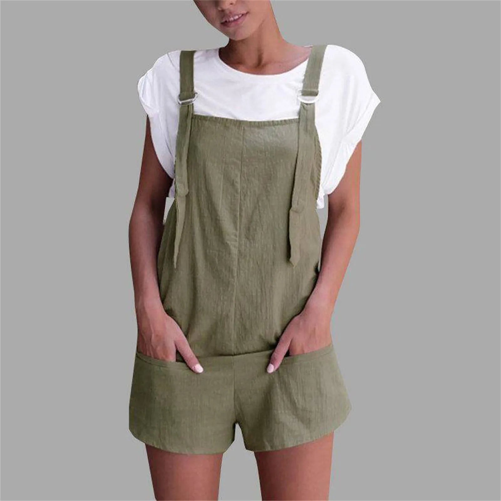 Vintage Sleeveless Cotton Linen Bib Overalls: Summer Women's Playsuit with Button Pockets