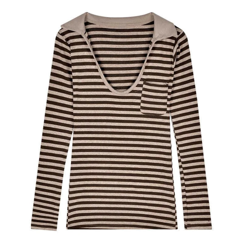 Women's Vintage T-shirt Comfortable Cotton Female Long Sleeve T-shirt V-neck Striped Long Sleeve Top