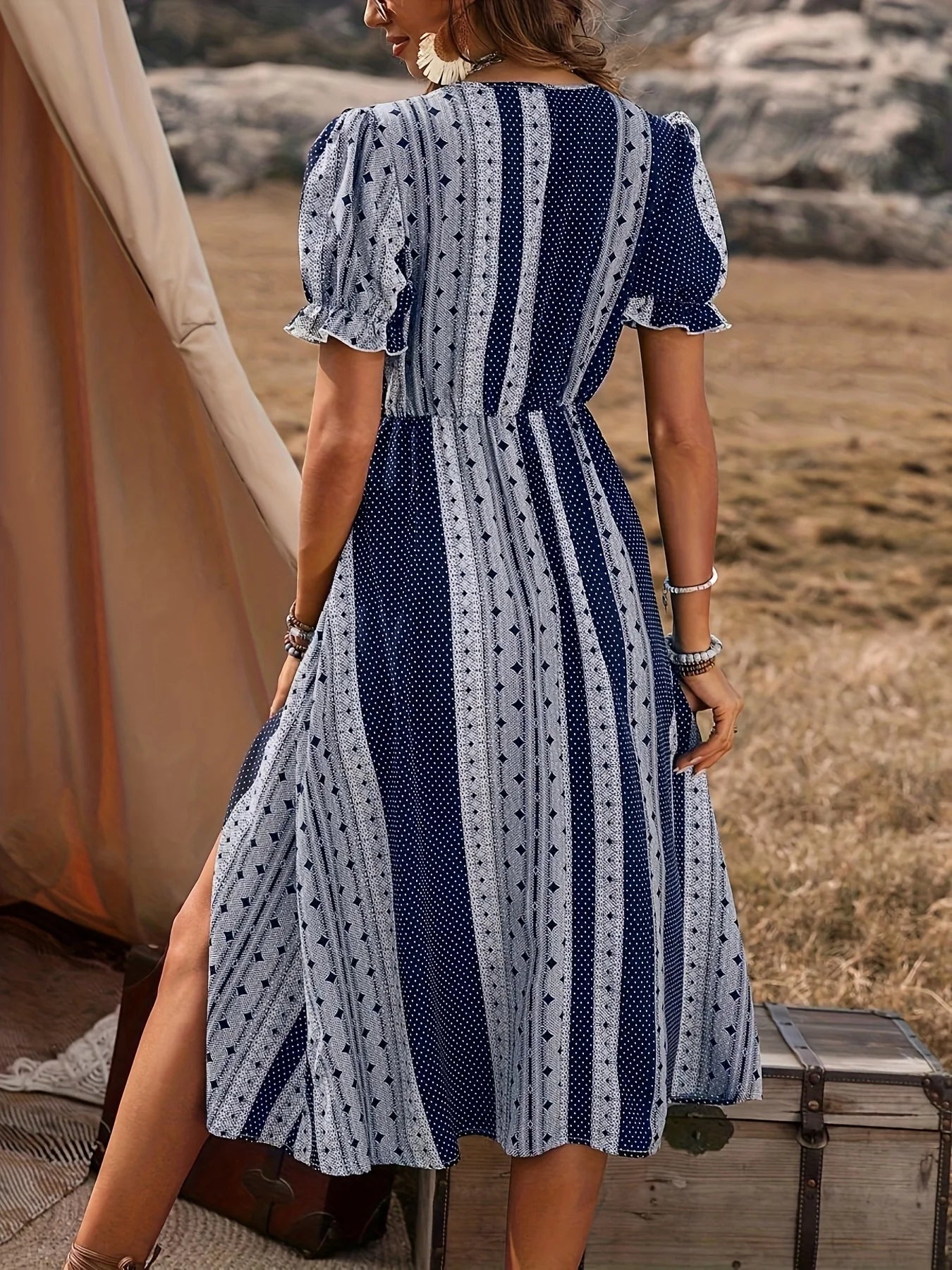 2024 Europe America Plus Size Women's Cross-Border Summer Dress - New V-Neck Split Stripe Print