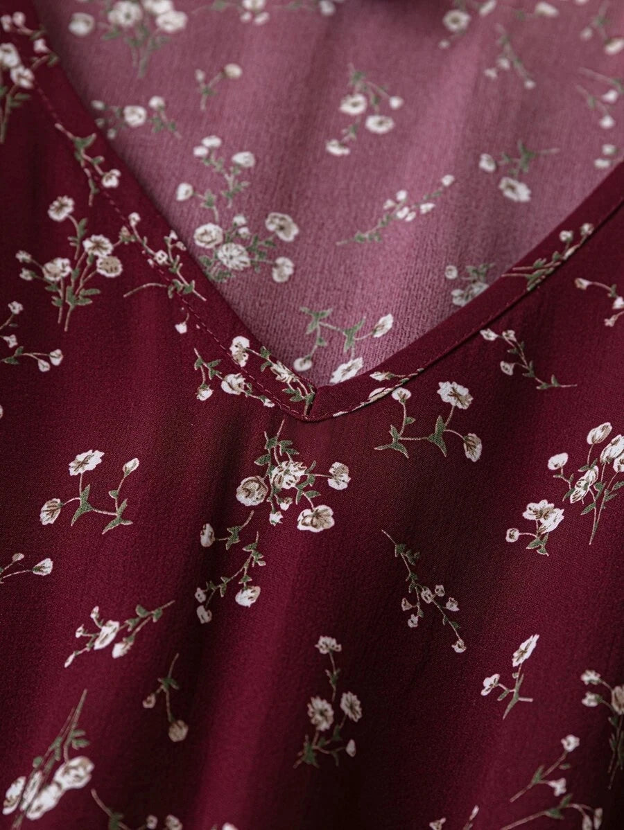 Women's Plus Size Casual Dress - Ditsy Floral Print Flounce Sleeve V-Neck Midi Dress