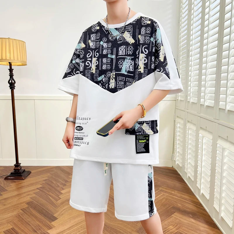New 2024 Summer T-Shirts And Shorts Men's Sets Outwear Loose Two-Piece Tracksuits Clothing Short Sleeve Top Tee&Knee-Length Pant