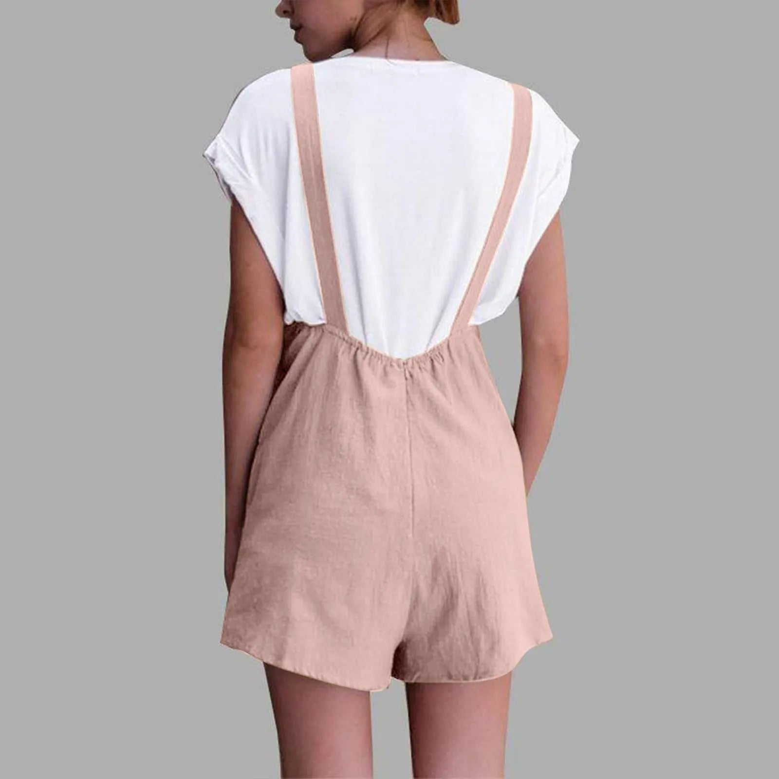 Vintage Sleeveless Cotton Linen Bib Overalls: Summer Women's Playsuit with Button Pockets