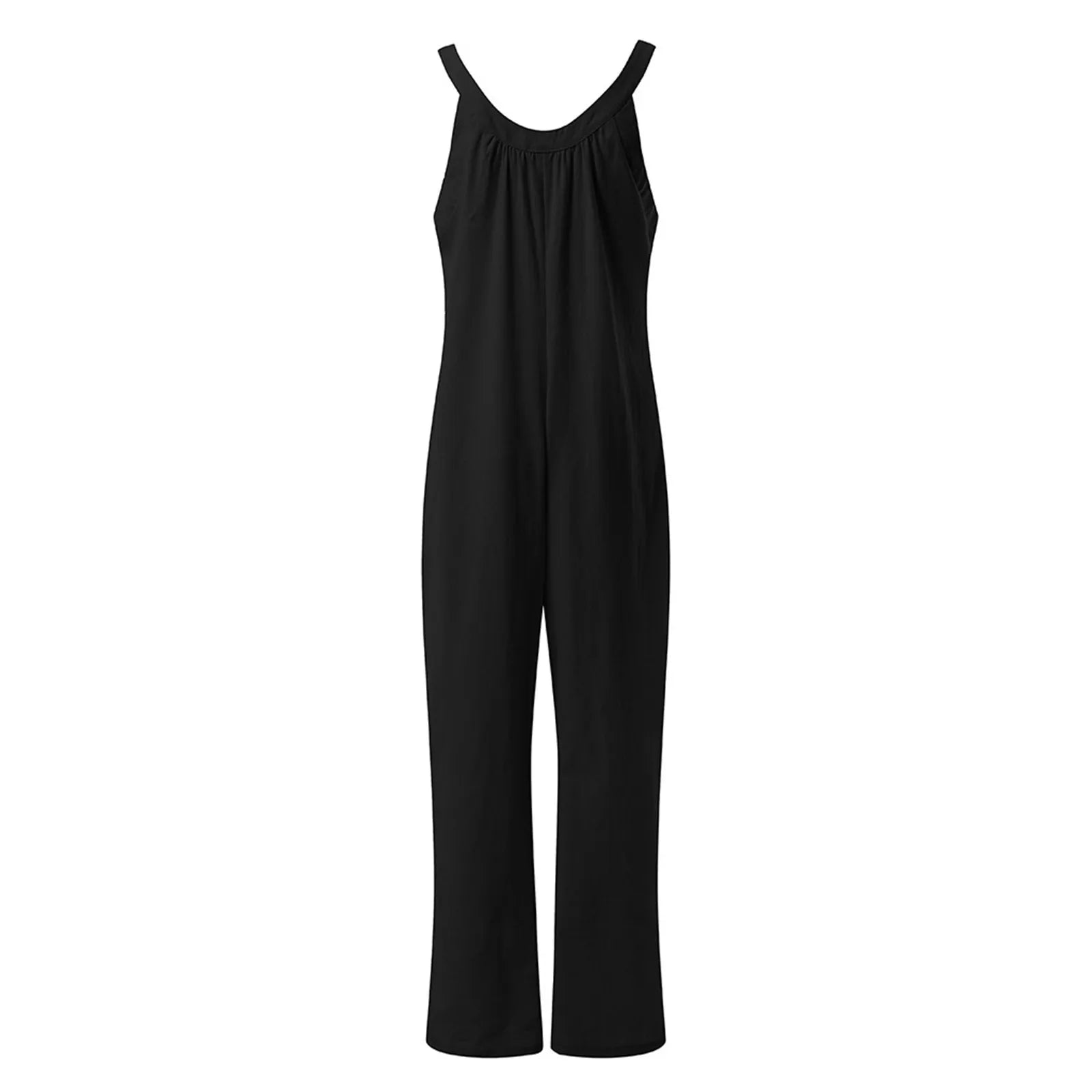 Versatile Chic: Women's Full-Length Casual Solid Pocket Romper with Thin Straps and Buttons