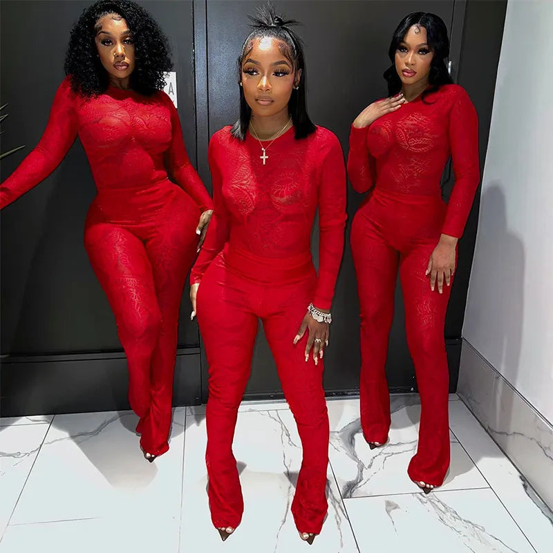 Sexy See Through Lace Two Piece Set Women Red O-Neck Long Sleeve Bodysuits Tops High Waist Flare Pants Autumn Club Party Suits