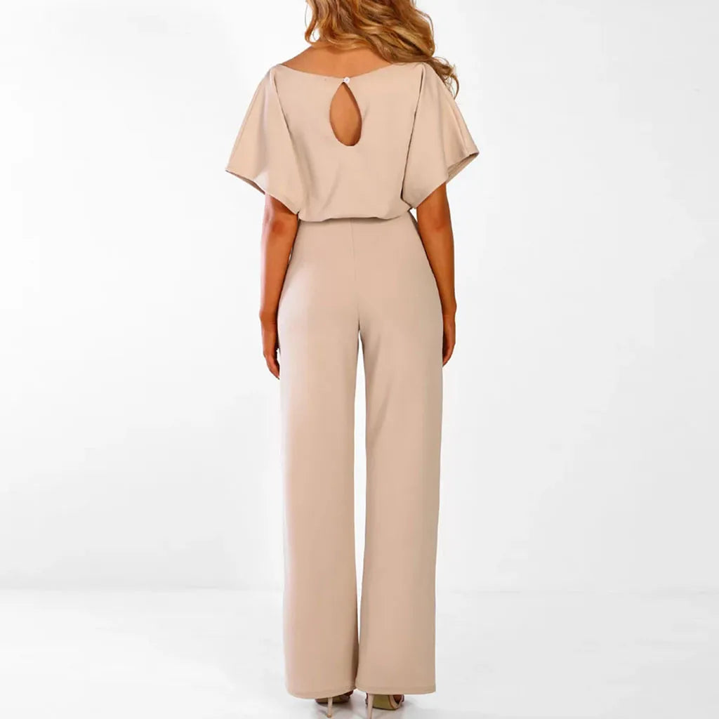 Elegant Round Neck Wide Leg Jumpsuit: Stylish Solid Color Rompers for Women