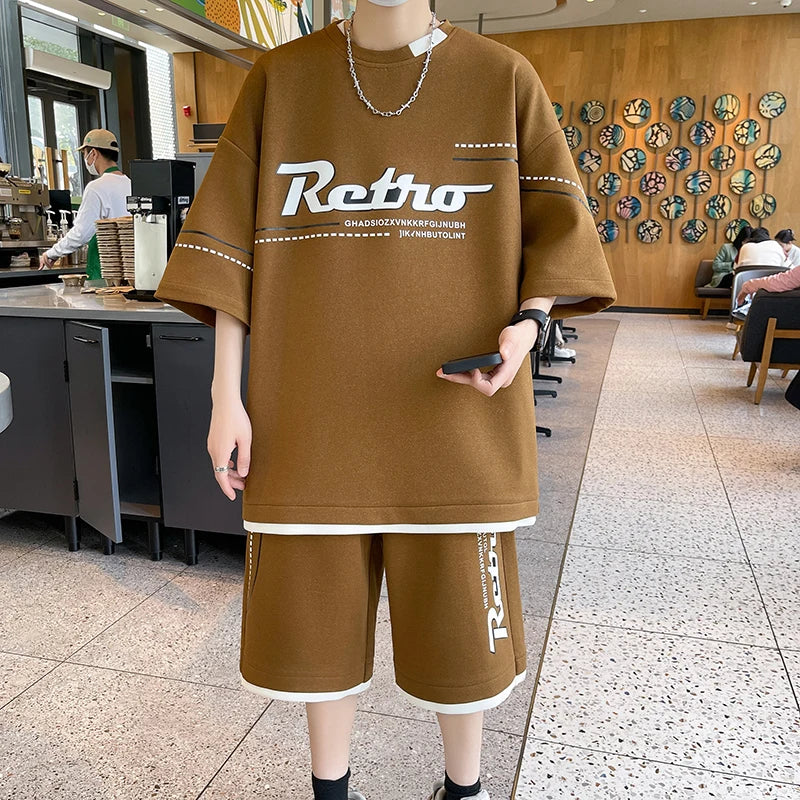 New 2024 Summer Casual Short Two Piece Men's Sets Outdoor Short Sleeve T-Shirts & Knee-Length Pant Streetwear Top Tee Tracksuits