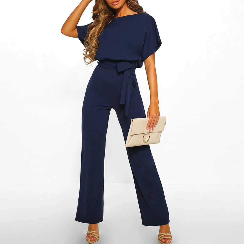 Elegant Round Neck Wide Leg Jumpsuit: Stylish Solid Color Rompers for Women
